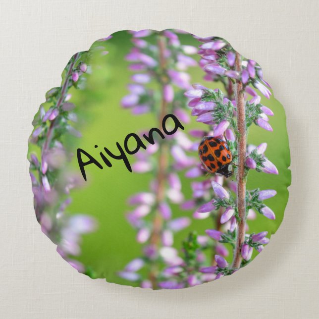 Cojín Redondo Mariquita en flor púrpura   -     (Anverso)