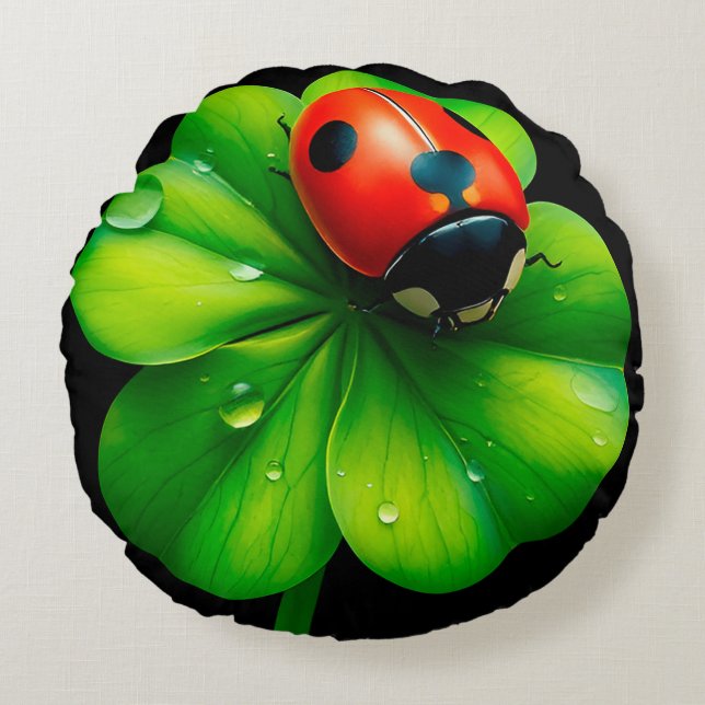 Cojín Redondo Mariquita en una hoja cubierta de rocío (Anverso)