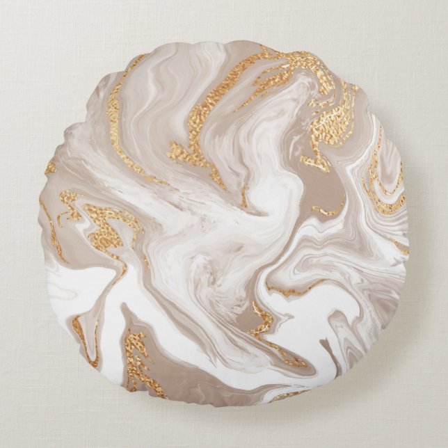 Cojín Redondo Mármol beige líquido, arte de oro. (Anverso)