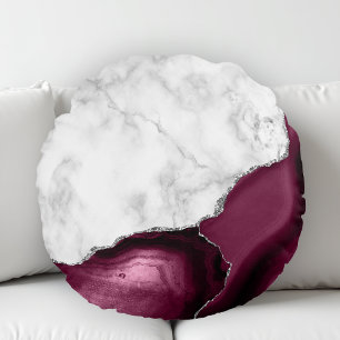 Cojín Redondo Mármol blanco Ágata Borgoña Glitter Plateado