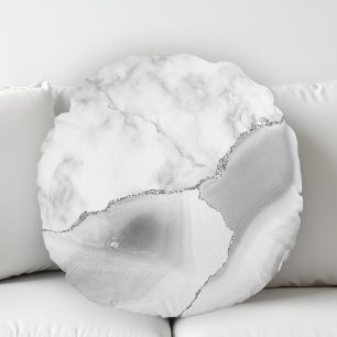 Cojín Redondo Mármol Blanco Agata Gris Brillo Plateado