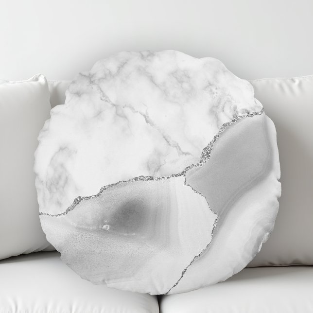 Cojín Redondo Mármol Blanco Agata Gris Brillo Plateado (Subido por el creador)