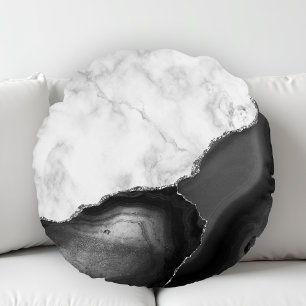 Cojín Redondo Mármol Blanco Ágata Negra Brillo Plateado