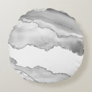 Cojín Redondo Mármol Blanco Gris Ágata Brillo Plateado Elegante