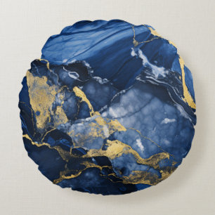 Cojín Redondo Mármol de Ágata Azul Marino y Dorado