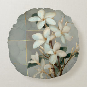 Cojín Redondo Mármol de Línea Dorada y Flor de Magnolia Blanca