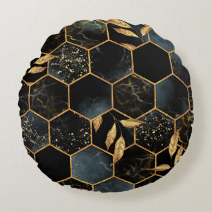 Cojín Redondo Mármol elegante y oro: Textura abstracta de hexágo
