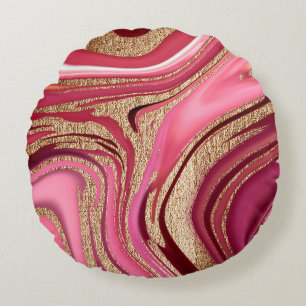 Cojín Redondo Mármol líquido rosa abstracto con oro purpurina