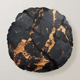 Cojín Redondo Mármol Negro Elegante con Venas Doradas Arte Moder
