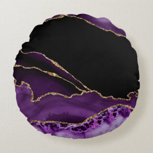 Cojín Redondo Mármol Negro Violeta Ágata Glamour Oscuro Dorado