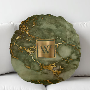 Cojín Redondo Mármol Verde Oliva con Monograma de Hoja de Oro Fa