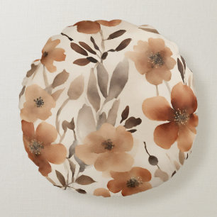 Cojín Redondo Marrón beige óxido quemado floral acuarela