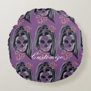 Cojín Redondo Máscara de carnaval bonito cráneo de mujer Thunder