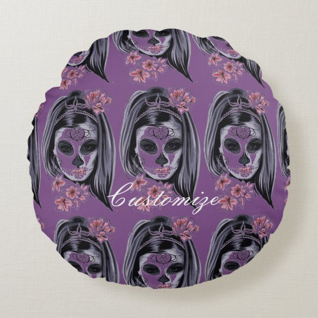 Cojín Redondo Máscara de carnaval bonito cráneo de mujer Thunder (Anverso)