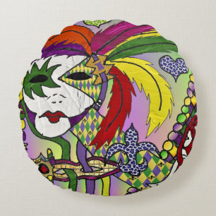 Cojín Redondo Máscara de plumas de Mardi Gras psicodélico