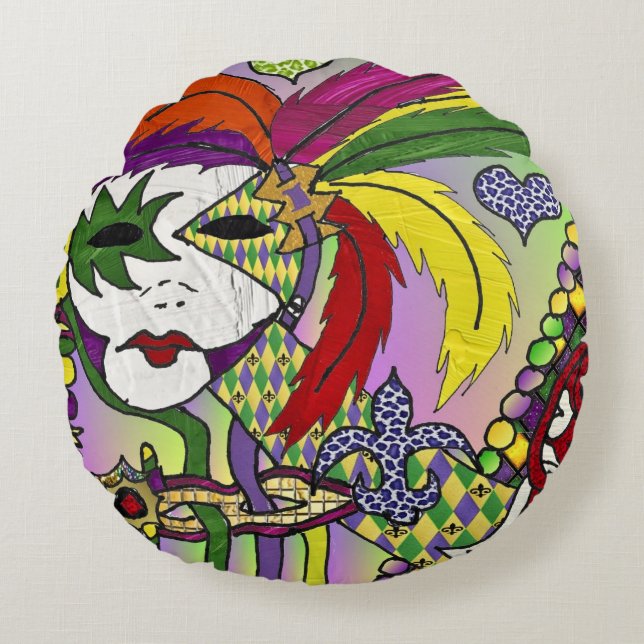 Cojín Redondo Máscara de plumas del Mardi Gras psicodélico (Anverso)
