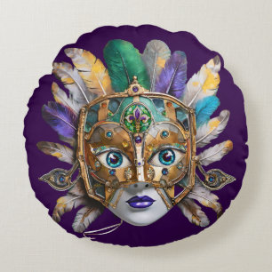 Cojín Redondo Máscara de plumas y metal de Mardi Gras