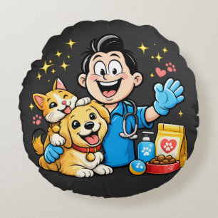 Cojín Redondo Mascota Feliz Cuidado de Mascotas Arte de Dibujos
