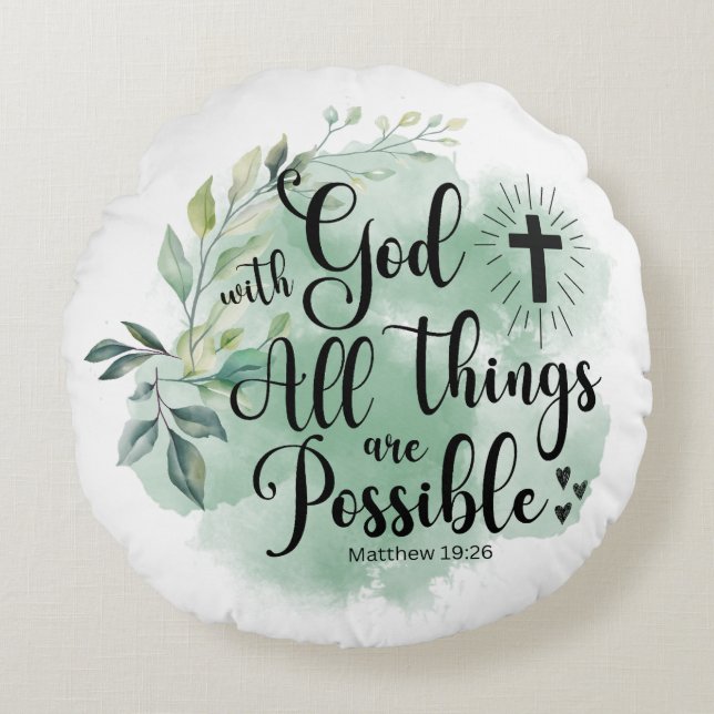 Cojín Redondo Mateo 19:26 Con Dios todas las cosas Posible Hoja (Anverso)