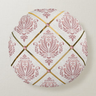 Cojín Redondo Mauve Damask, Rosa de glamour vintage, en blanco