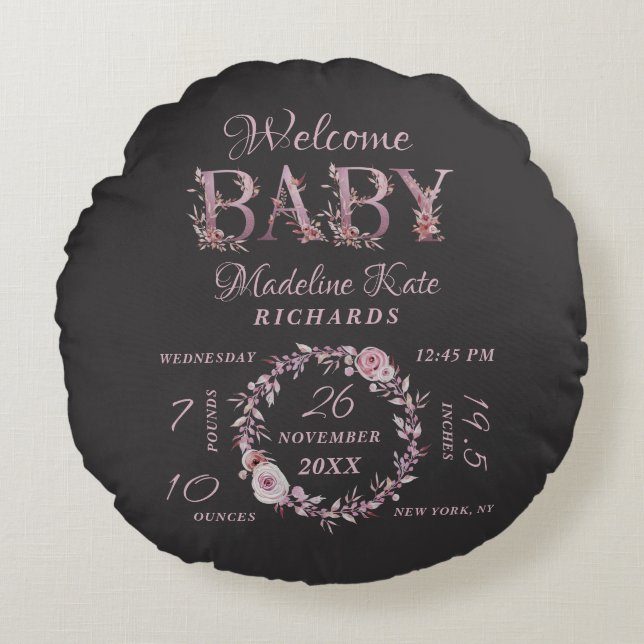 Cojín Redondo Mauve Pink Elegant Floral Baby Stats (Anverso)