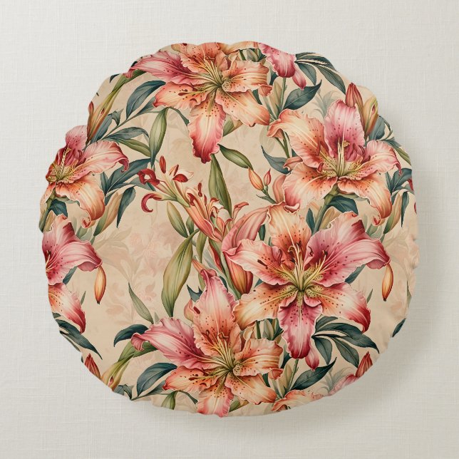 Cojín Redondo Mauve y Copper Lilies en Tan (Anverso)