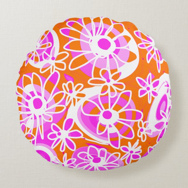 Cojín Redondo Mazipoodles Love Flowers - Blanco rosa Naranja (Anverso)