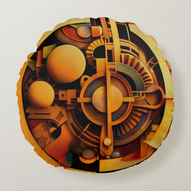 Cojín Redondo Mecanismo Dorado Abstracto Steampunk (Anverso)