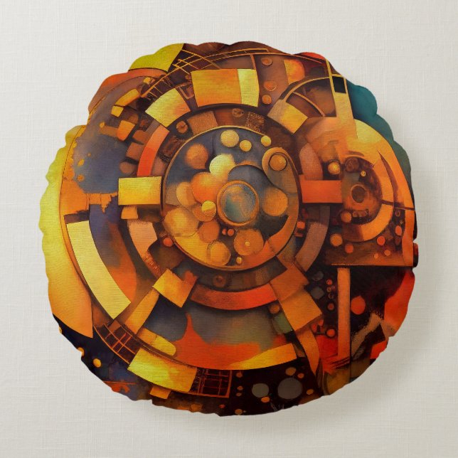 Cojín Redondo Mecanismo Solar Steampunk Abstracto (Anverso)