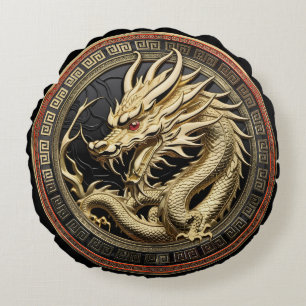Cojín Redondo Medallón de Dragón Oriental Sagrado de Oro