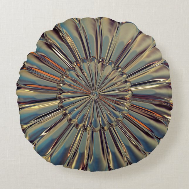 Cojín Redondo Medallón de flor metálica Art deco bronce (Anverso)