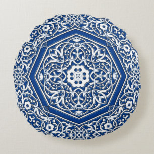 Cojín Redondo Medallón en patrón de mosaico persa - azul y blanc