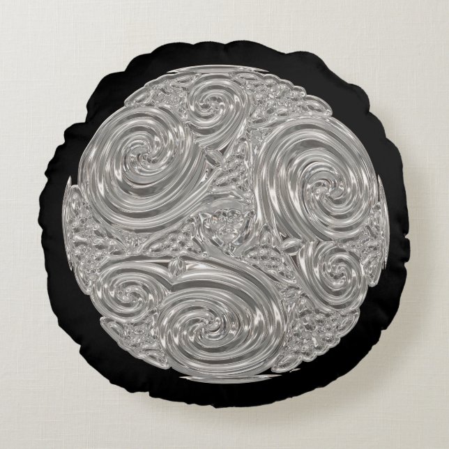 Cojín Redondo Medallón negro de plata de arte elegante (Anverso)