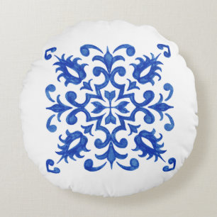 Cojín Redondo Medallón redondo central de azulejo azul portugués
