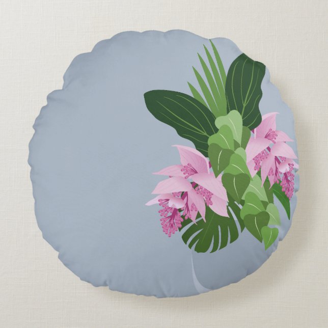 Cojín Redondo Medinilla tropical Flor rosa en azul (Anverso)