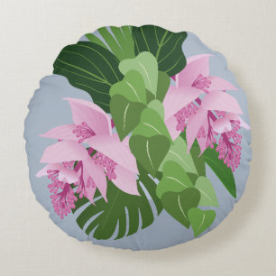 Cojín Redondo Medinilla tropical Flor rosa en azul