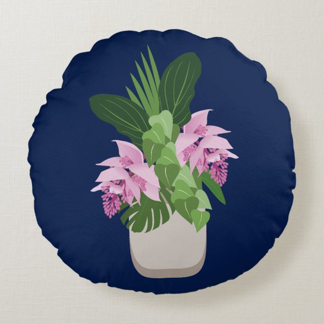 Cojín Redondo Medinilla tropical Vasa de flores rosadas en azul  (Anverso)