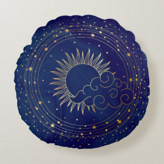 Cojín Redondo Meditación de Sol, Luna y Nubes Míticas