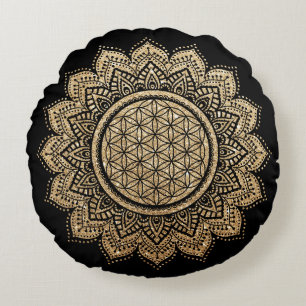 Cojín Redondo Meditación Pillow Flor de vida Mandala Gold
