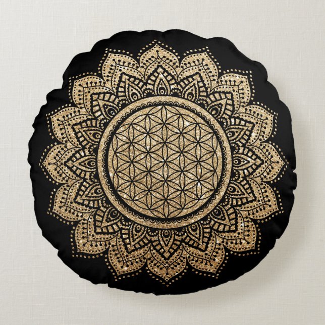 Cojín Redondo Meditación Pillow Flor de vida Mandala Gold (Anverso)