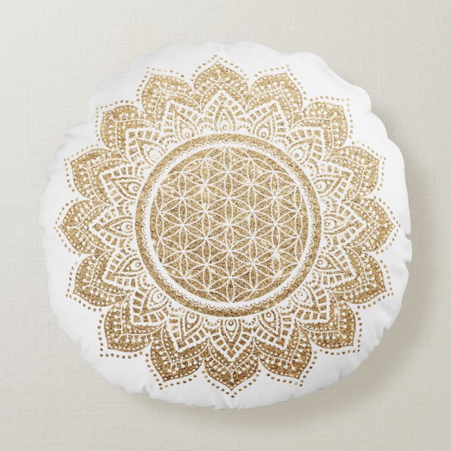 Cojín Redondo Meditación Pillow Flor de vida Mandala Gold (Anverso)