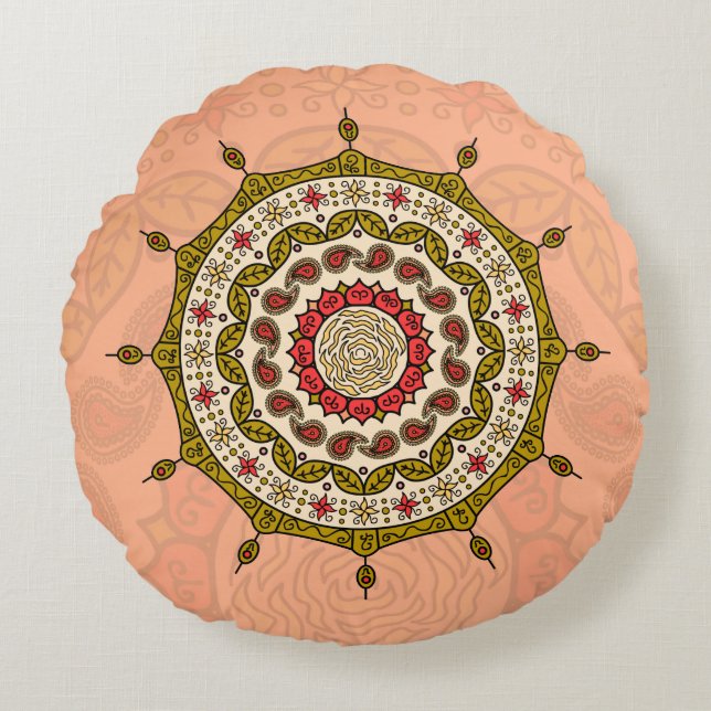 Cojín Redondo Mehndi Fantasy Gold Round Pillow (Anverso)