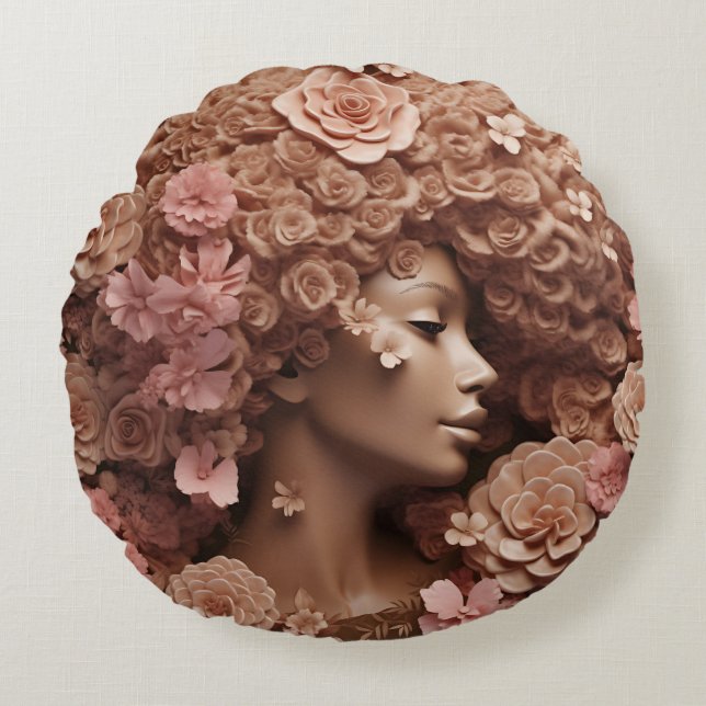Cojín Redondo Melanin Mujer Reina Negra Flor Floral 3D Afro (Anverso)