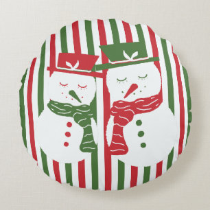 Cojín Redondo Mellow Geo Rayas -Navidad rojo verde muñeco de nie