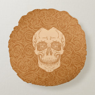 Cojín Redondo ¡Memento Mori! Calavera y Rosas, mano dibujada
