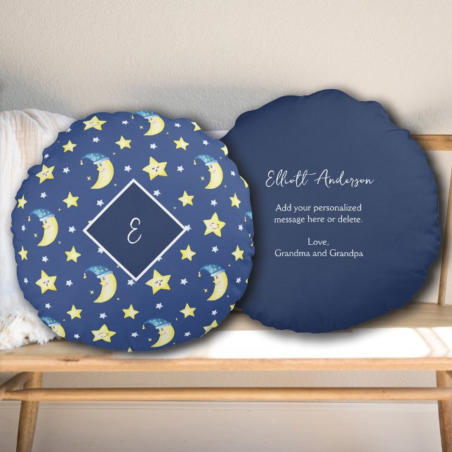 Cojín Redondo Mensaje personalizado Luna y estrellas azul (Subido por el creador)