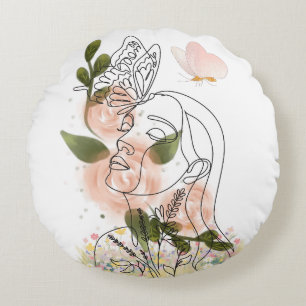 Cojín Redondo Mente de Mariposa – arte lineal floral