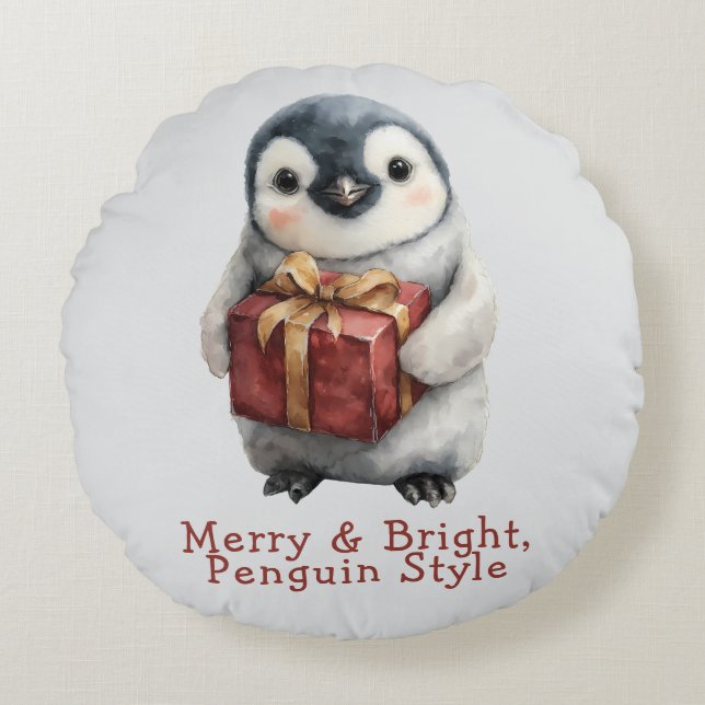Cojín Redondo Merry & Bright Penguin Christmas (Anverso)