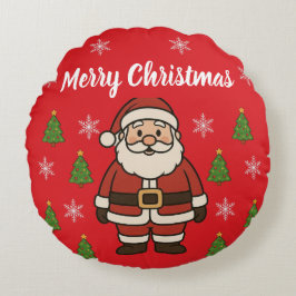 Cojín Redondo Merry Christmas Cartoon Santa Claus Fun Red