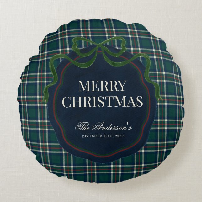 Cojín Redondo Merry Christmas Classic Preppy Tartan Plaid (Anverso)